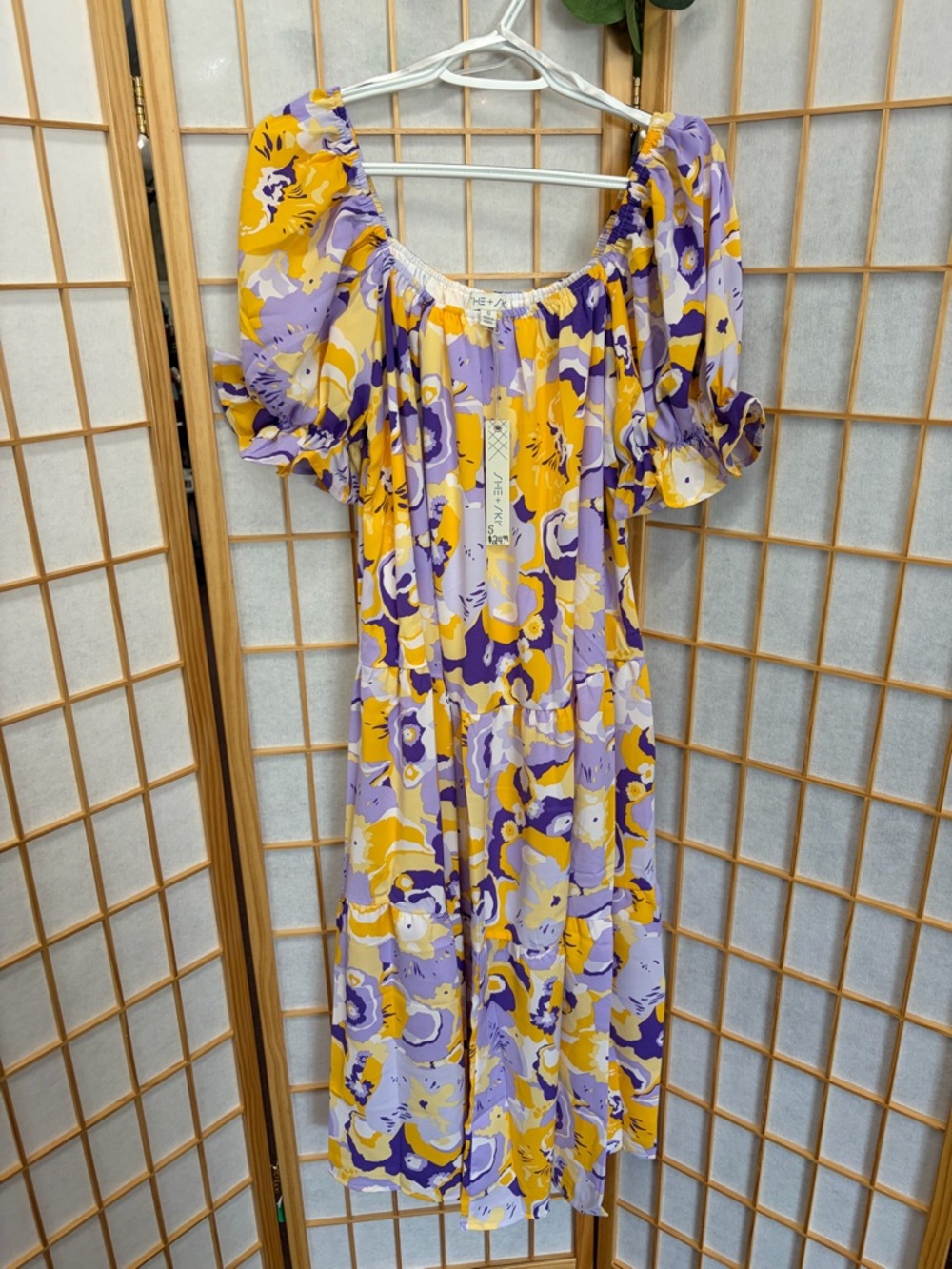 She + Sky Lavender and Yellow Floral Puff-Sleeve Midi Dress